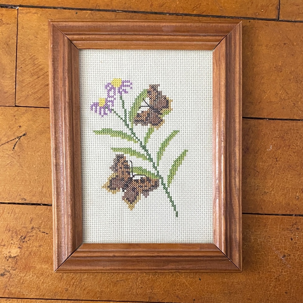 Vintage Framed Floral Cross-Stitch Art